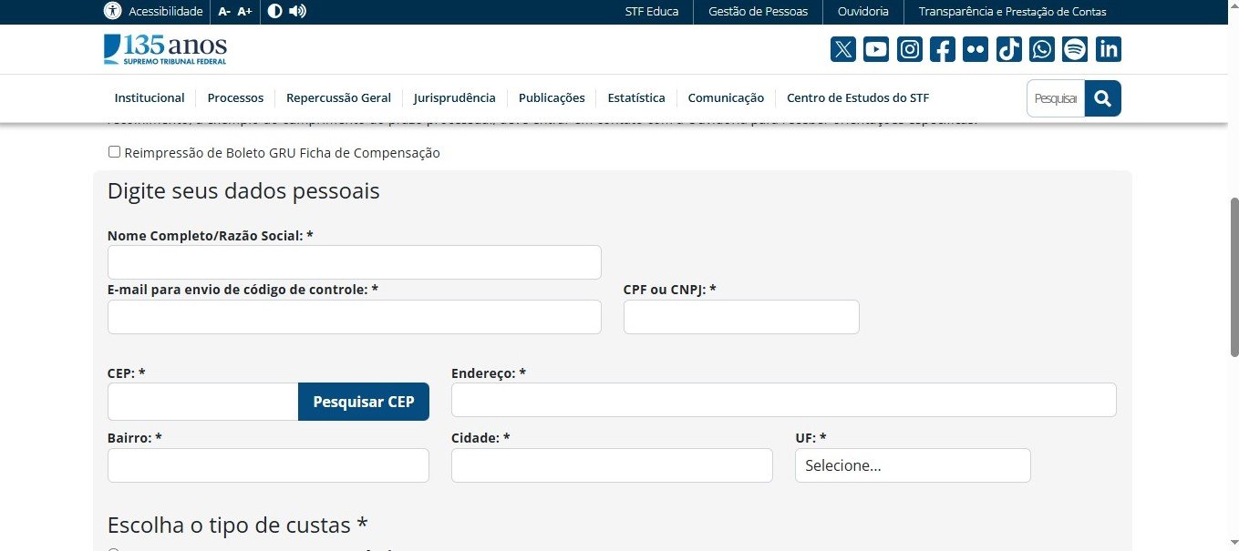 Como emitir a guia de Recurso Extraordinário no STF: preenchimento dos dados do pagador