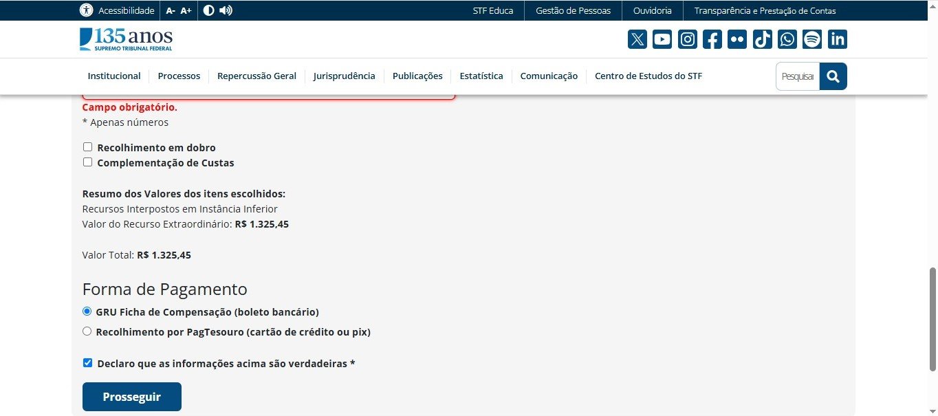 Seleção de Recurso Extraordinário no Portal de Custas do STF