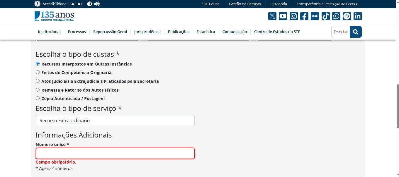 Seleção do tipo de custas para Recurso Extraordinário no STF