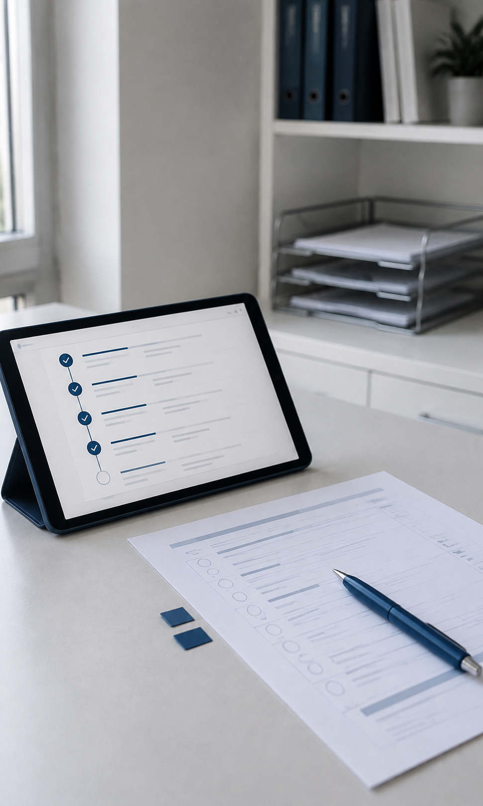 Tablet com checklist digital e documento organizado para conferência de guias judiciais