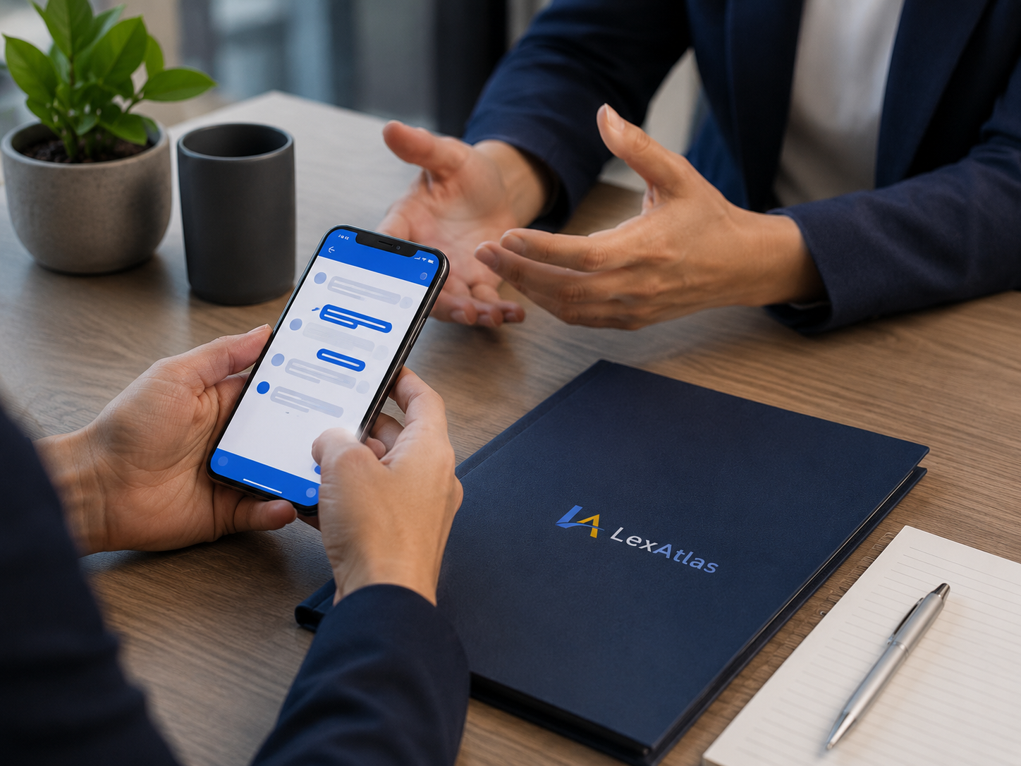 Atendimento profissional LexAtlas com comunicação digital e orientação sobre serviços jurídicos