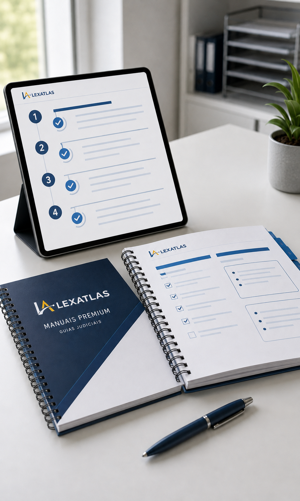 Tablet e Manuais Premium LexAtlas com etapas e checklist para consulta de guias judiciais