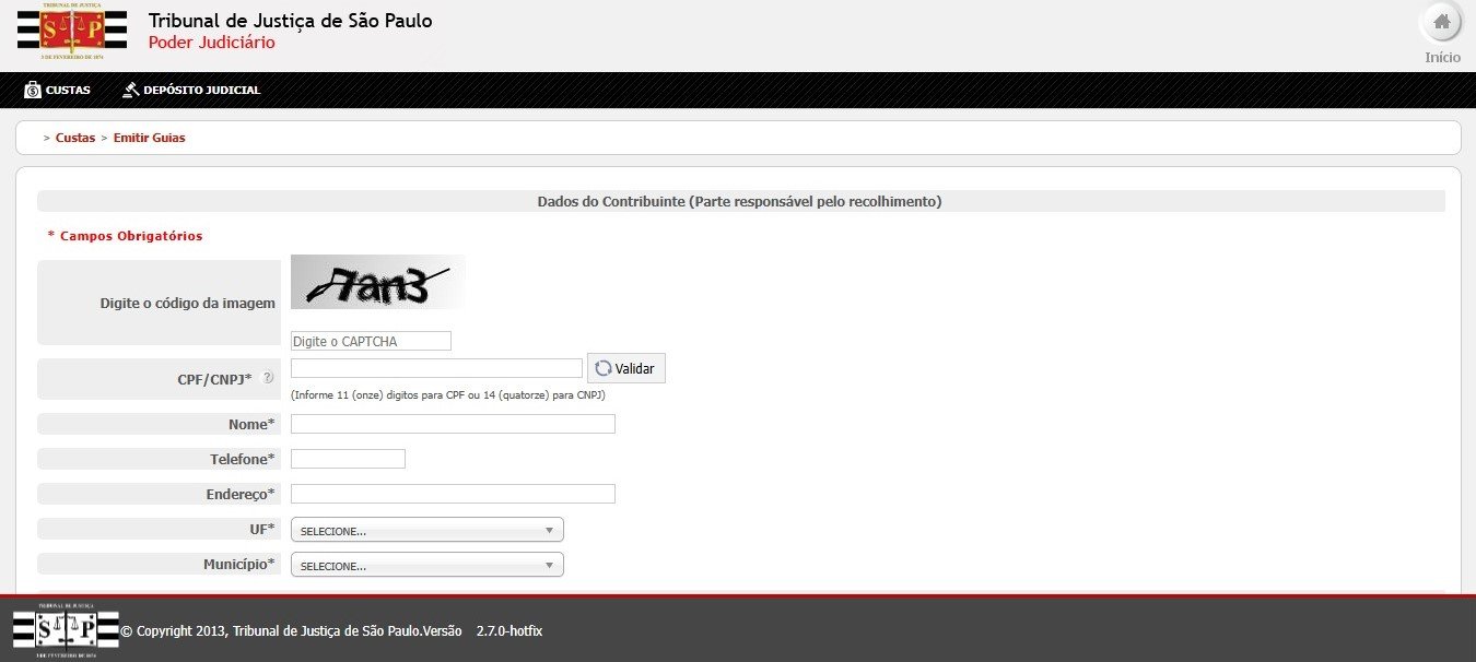 Tela inicial do Portal de Custas do TJSP
